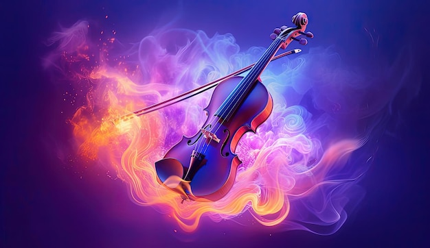 płonące w dymie skrzypce w stylu fioletu