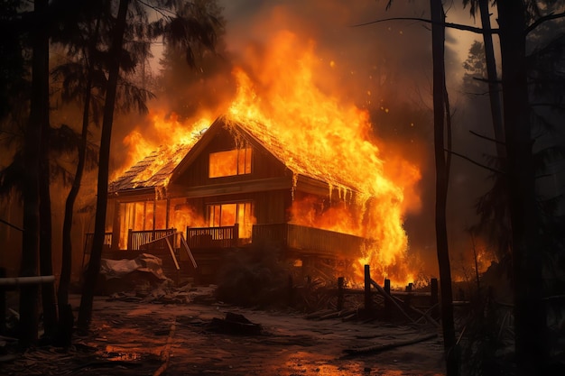 Płonący drewniany dom