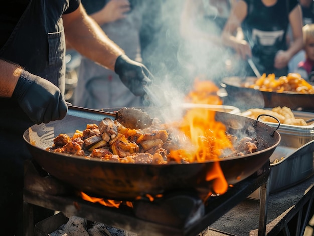 Płonący grill na wydarzeniu gotowania na świeżym powietrzu