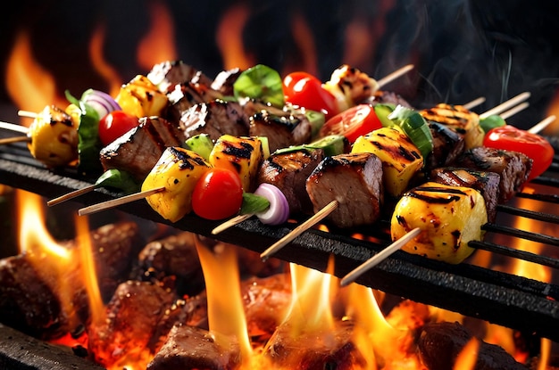 Płonący grill z różnorodnymi szczypcami ogień Wibrujące szczypy z warzywami i mięsem gotowane na blazi