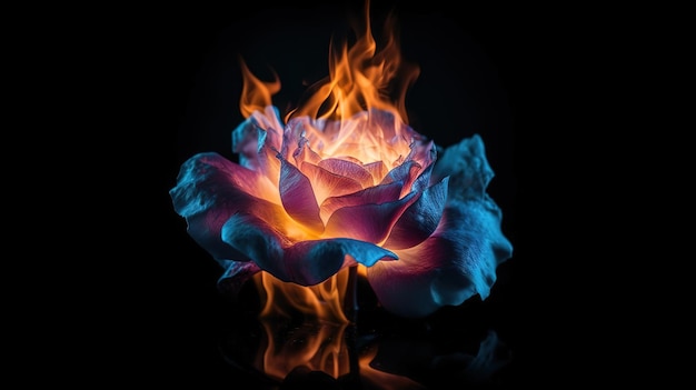 Płonący kwiat Kwiat w ogniu różowa róża w płomieniu na czarnym tle Generative Ai