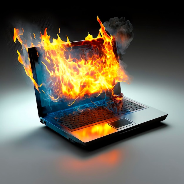 Płonący laptop Komputer przenośny płonący z jasnym płomieniem