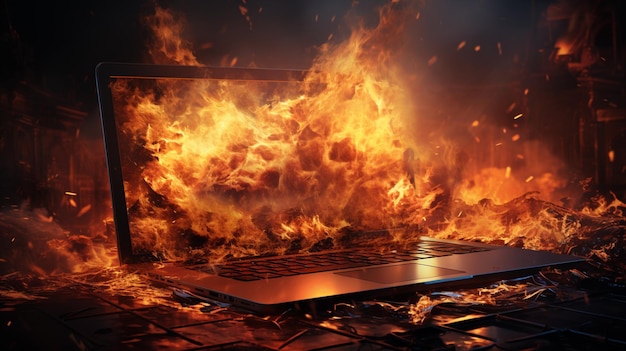 płonący laptop