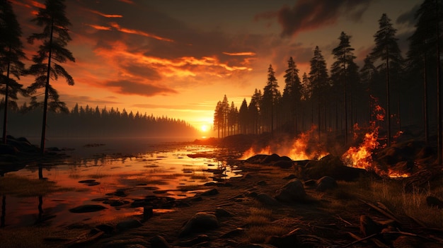 Płonący las o zachodzie słońca