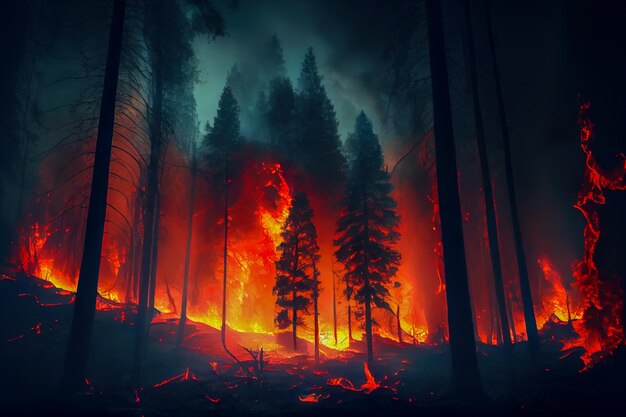 Płonący las widok z góry ilustracja 3d Generacyjna sztuczna inteligencja