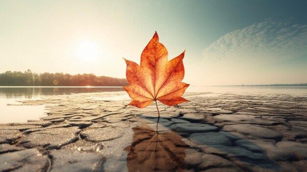 Płonący liść w krainie krakingu metafora ziemi susza i zielony liść z rzeką Zmiana klimatu