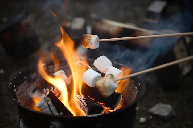 Płonący ogień w kompaktowym grillu drewniane kłody pochłonięte przez czerwone płomienie zbliżenie smażonych marshmallows na ogniu dym wznosi się koncepcja zabawy imprezy gotowanie delikatności na świeżym powietrzu generuje ai