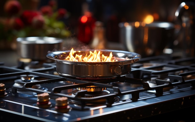 Zdjęcie płonący palnik gazowy z płomieniami w nowoczesnej kuchni