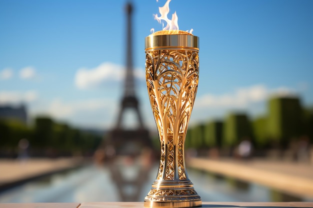płonący płomień olimpijski przed Wieżą Eiffla w Paryżu
