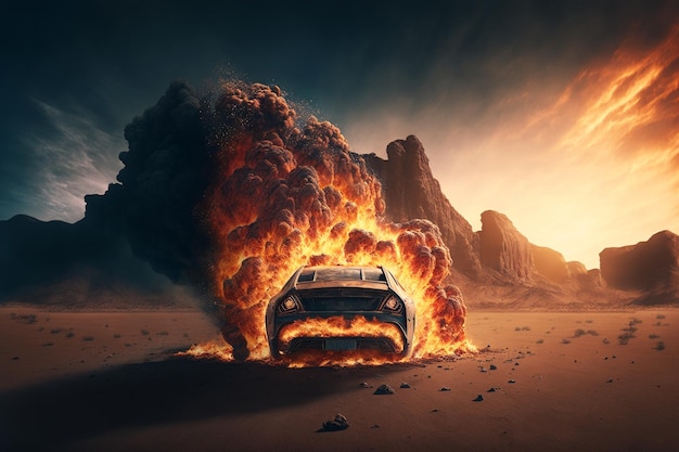 Płonący samochód na środku pustyni Generacyjna sztuczna inteligencja