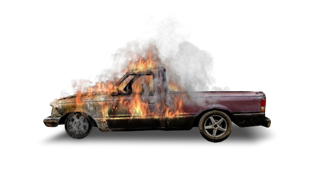 Płonący samochód samochód w ogniu Uszkodzony pojazd po wypadku samochodowym renderowania 3d