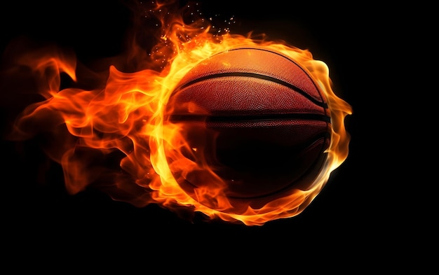 Płonie piłka do koszykówki ze słowem koszykówka.