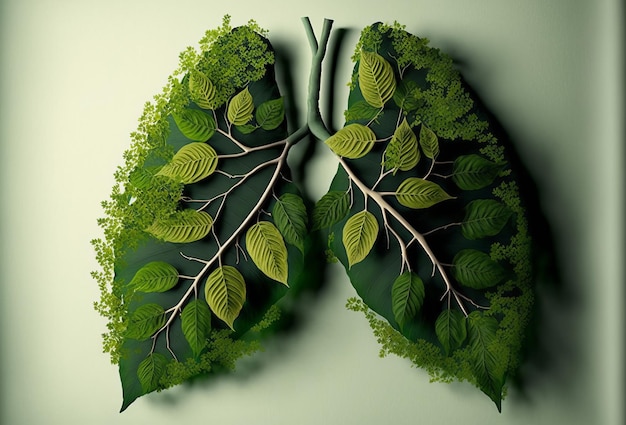 Zdjęcie płuca wykonane z liści i natury koncepcja zanieczyszczenia powietrza generative ai
