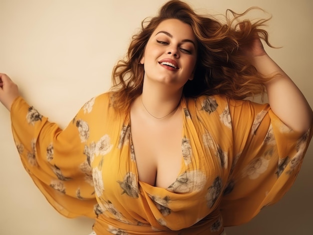 Plus size kobieta w emocjonalnej dynamicznej pozie