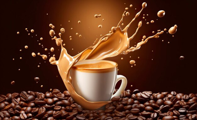 plusk gorącej płynnej kawy z spadającą ilustracją 3d ziaren kawy
