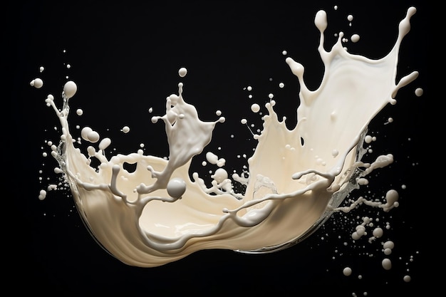 Plusk i nalewanie mleka uchwycone na czarnym tle Generacyjna sztuczna inteligencja
