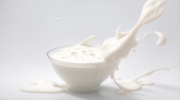 Plusk mleka z odlatującymi kroplami Rozprysk korony w białym mleku autorstwa Generative AI