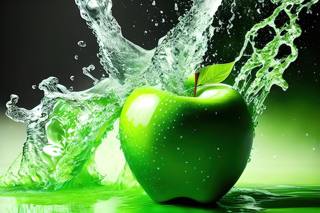 Plusk wody na tle świeżego zielonego jabłka
