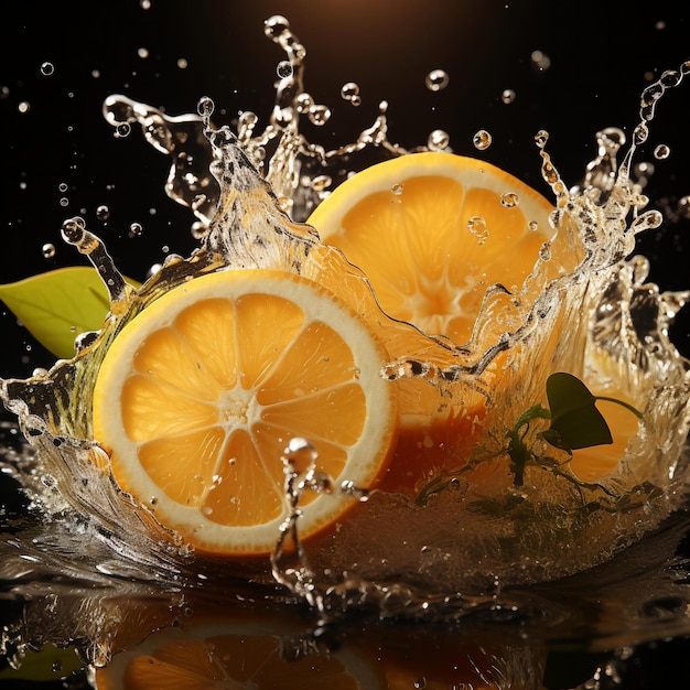 plusk wody z pomarańczami i zielonym liściem