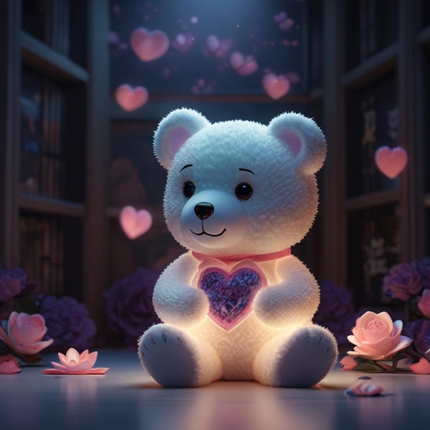 Zdjęcie pluszowy niedźwiedź trzymający serce, które mówi miłość