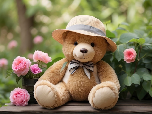 pluszowy niedźwiedź w kapeluszu siedzący na stole z kwiatami na tle