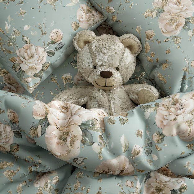 pluszowy niedźwiedź w niebieskim łóżku chłopiec kwiatowy wzór marmurowy