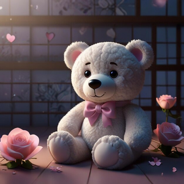 pluszowy niedźwiedź z różowym łukiem siedzi na płytkowanej podłodze z różowymi różami