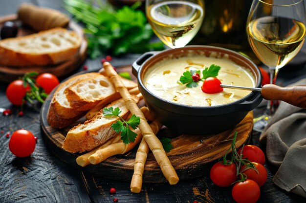 Płyn do fondue z serem, chlebem i pomidorami do zanurzenia