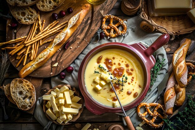 Płyn do fondue z serem z pałeczkami chlebowymi i kęsami precle do zanurzenia