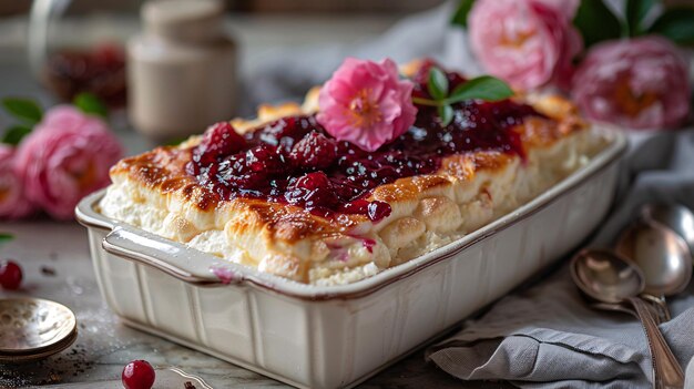 Zdjęcie płyn z pieczonego sera i borówek z kwiatem pionii na szczycie