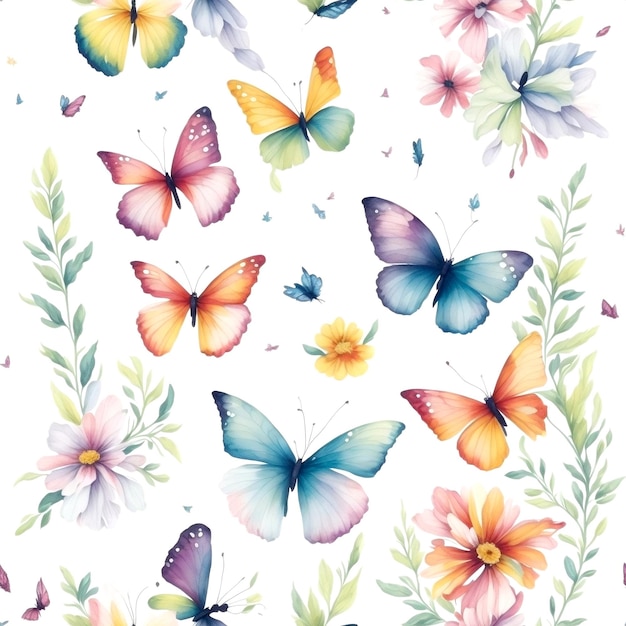 Płynny naturalny wzór akwareli motyli z elementami kwiatowymi i ziołowymi Ai sztuka generatywna