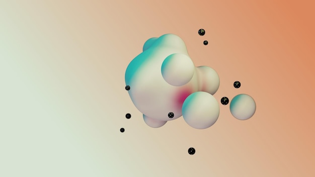 Płynny płyn dynamiczny abstrakcyjny animowany biały metaball pływające kule kropelki krople bąbelków w deformacji przejścia beżowe tło z czarnymi małymi perłami 3d renderowanie do prezentacji biznes dodaje