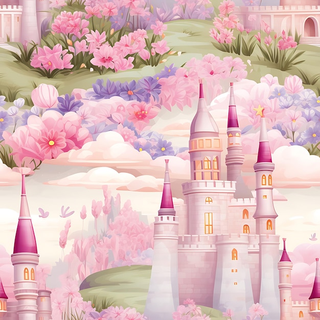 Płynny wzór marzycielskiego zamku księżniczki z błyszczącymi wieżyczkami i ogrodem królewskim