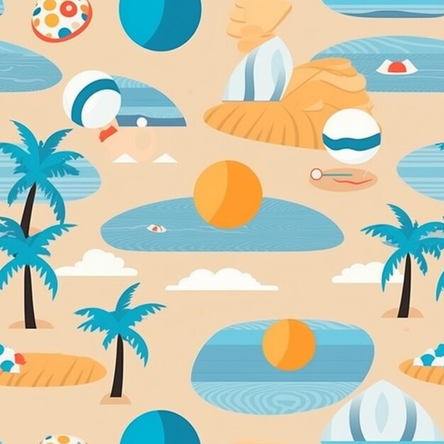 Zdjęcie płynny wzór mężczyzny na plaży z palmami i piłkami generatywnymi ai