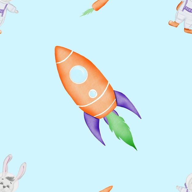 Płynny wzór na temat kosmicznego uroczego wzoru z rakietową marchewką króliczą do tekstyliów dziecięcych scr