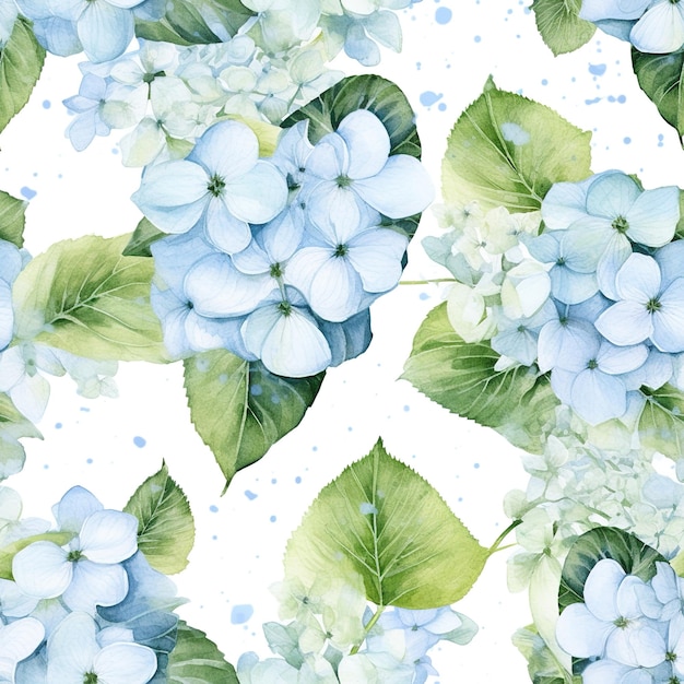 Płynny wzór niebieskich kwiatów hortensji z zielonymi liśćmi.