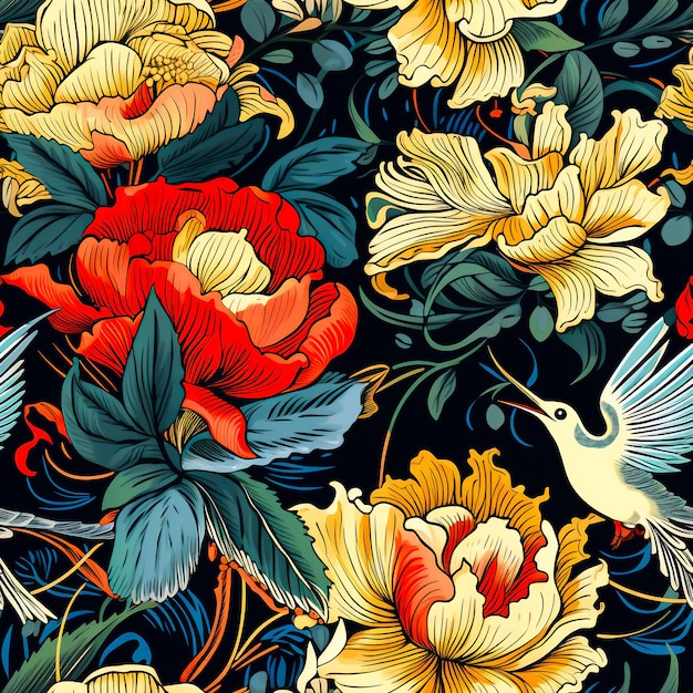 Płynny wzór retro kwiatu z ptasich łodyg pozostawia kwiaty do wykorzystania w grafice Generatywna ai
