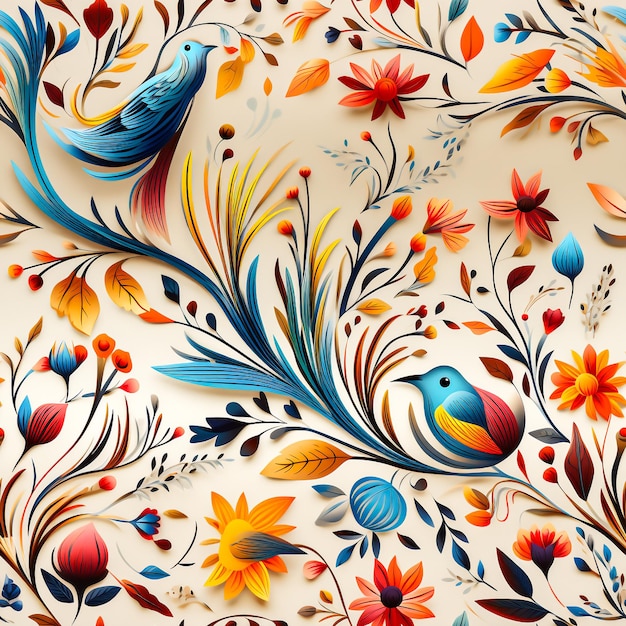 Płynny wzór sztuki kwiatowej mandali z małymi ptakami, łodygami, liśćmi i płatkami Generatywna ai