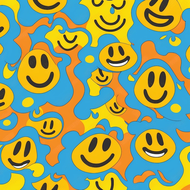 Płynny wzór uśmiechniętych buziek w kolorach żółtym i niebieskim.