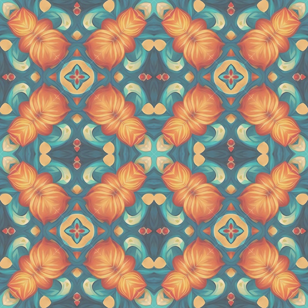 Płynny wzór z abstrakcyjnymi kwiatami w kolorach niebieskim i pomarańczowym