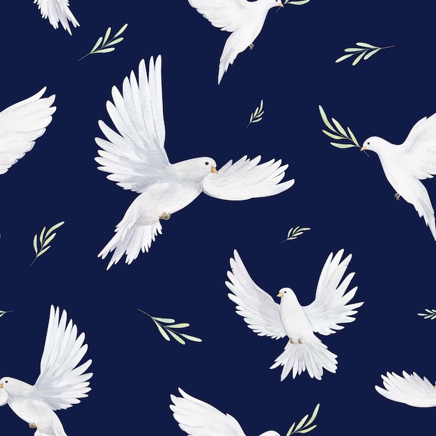 Płynny wzór z białymi gołębiami i gałązkami oliwnymi symbolizującymi pokój, miłość, zjednoczenie, wolność, ręka, pociągnięty