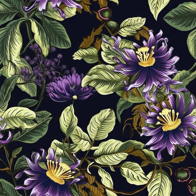 Płynny wzór z fioletowymi kwiatami i zielonymi liśćmi na ciemnoniebieskim tle.
