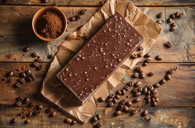 Płytka bogatej ciemnej czekolady na kawałku łupka z ziarnami kawy rozrzuconymi i proszkiem kakaowym w misce sugerującej rozkoszną mieszankę smaków