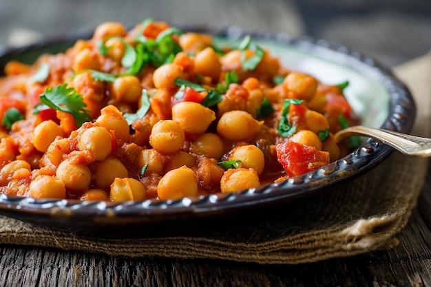 Płytka chana masala, danie wegetariańskie z groszkiem w pikantnym sosie pomidorowym