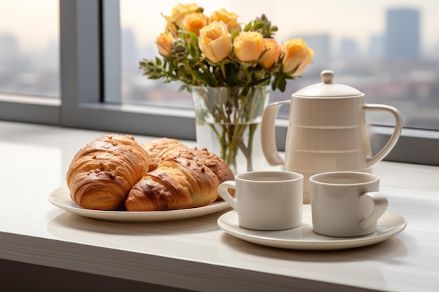 Płytka croissantów i czajnik z dwoma kubkami siedzą na stole przy oknie