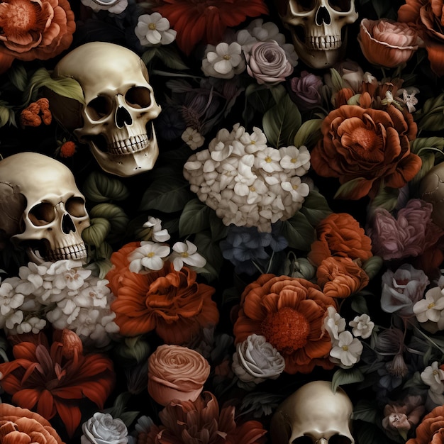 Płytka czaszki z kwiatami w tle czaszka kwiatowy wzór Wygenerowano AI