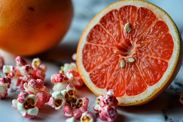 Zdjęcie płytka grejpfrutu obok porcji czerwonej cukierki z popcornu na powierzchni marmurowej