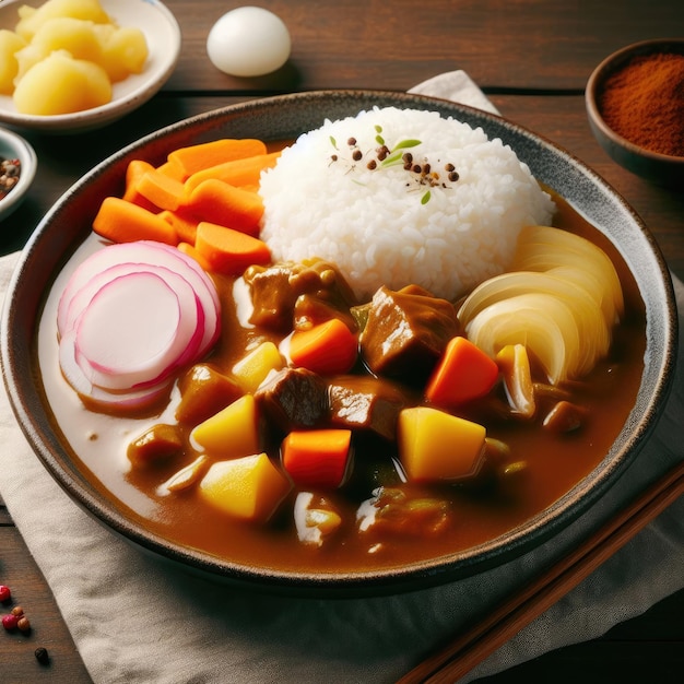 Zdjęcie płytka japońskiego curry z wołowiną, ziemniakami, marchewkami, cebulą i curry roux