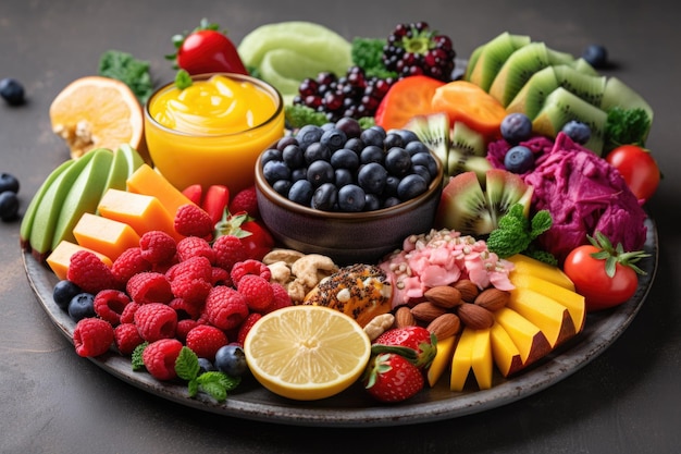 Płytka kolorowych owoców i warzyw z niektórymi opcjami białkowymi stworzonymi za pomocą generatywnego ai