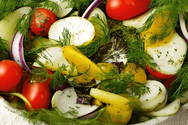 Zdjęcie płytka kolorowych, zdrowych, świeżych, organicznych zioł i warzyw.